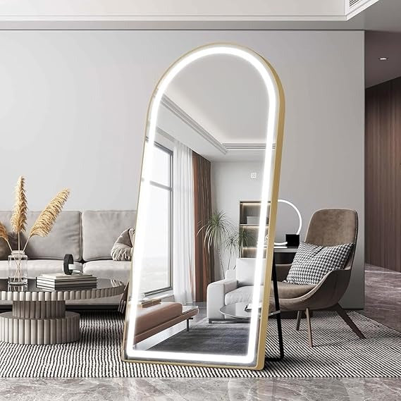 BUNGALOW MERCER – Top Arch Full Length LED Mirror | Aluminum Frame, 3-Color Dimmable Light, Freestanding, Wall Mount & Leaning Design