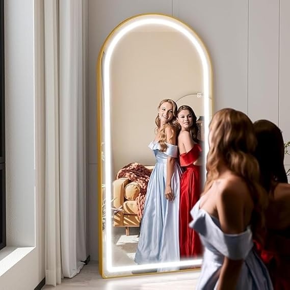 BUNGALOW MERCER – Top Arch Full Length LED Mirror | Aluminum Frame, 3-Color Dimmable Light, Freestanding, Wall Mount & Leaning Design