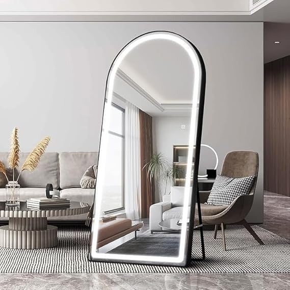 BUNGALOW MERCER – Top Arch Full Length LED Mirror | Aluminum Frame, 3-Color Dimmable Lighting, Freestanding, Wall Mount & Leaning Options