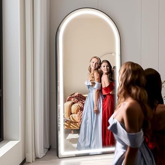 BUNGALOW MERCER – Top Arch Full Length LED Mirror | Aluminum Frame, 3-Color Dimmable Lighting, Freestanding, Wall Mount & Leaning Options