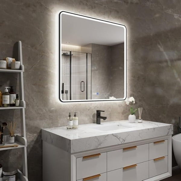 BUNGALOW MERCER – Square Aluminum Frame LED Mirror | 3-Color Dimmable Light, Defogger & Modern Bathroom Design
