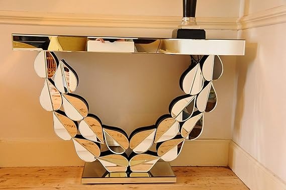 Silver Leaf Designed Mirrored Glass Console Table for Living Room Home Décor, Entryway Console Table, Mirror Glass Table for Bedroom (48 W x 15 D x 30 H Inch)