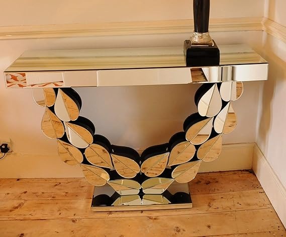 Silver Leaf Designed Mirrored Glass Console Table for Living Room Home Décor, Entryway Console Table, Mirror Glass Table for Bedroom (48 W x 15 D x 30 H Inch)
