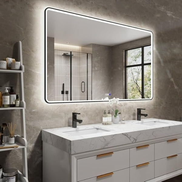 BUNGALOW MERCER LED Vanity Mirror – Front & Backlit with 3 Light Colors, Anti-Fog, Black Frame, Dimmable Touch Sensor, Modern Wall-Mounted Bathroom Mirror Rectangular