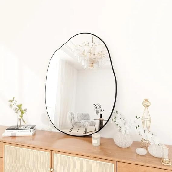 Asymmetric Mirror, Irregular Wall Mirror, Unique Shape Wall Mounted Vanity Mirror with Wood Back Panel, Living Room Bedroom Entrance Hallway Decoration 38x26 Inches