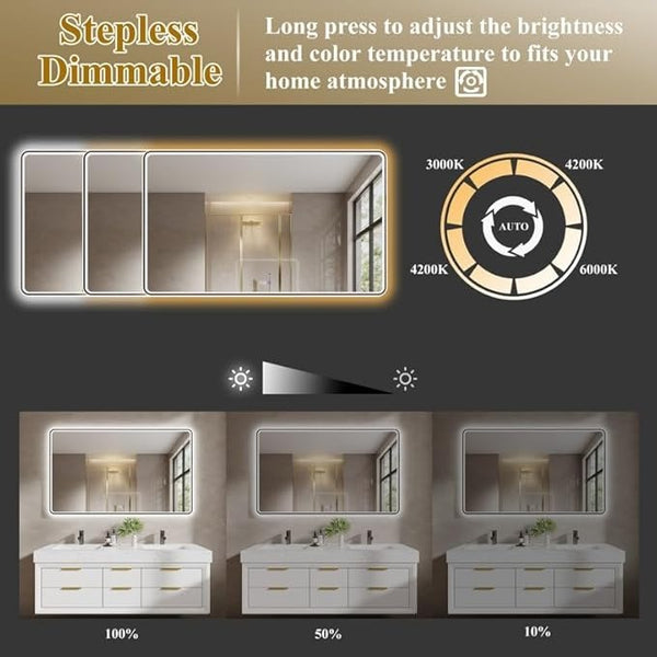 BUNGALOW MERCER LED Vanity Mirror – Front & Backlit with 3 Light Colors, Anti-Fog, Black Frame, Dimmable Touch Sensor, Modern Wall-Mounted Bathroom Mirror Rectangular