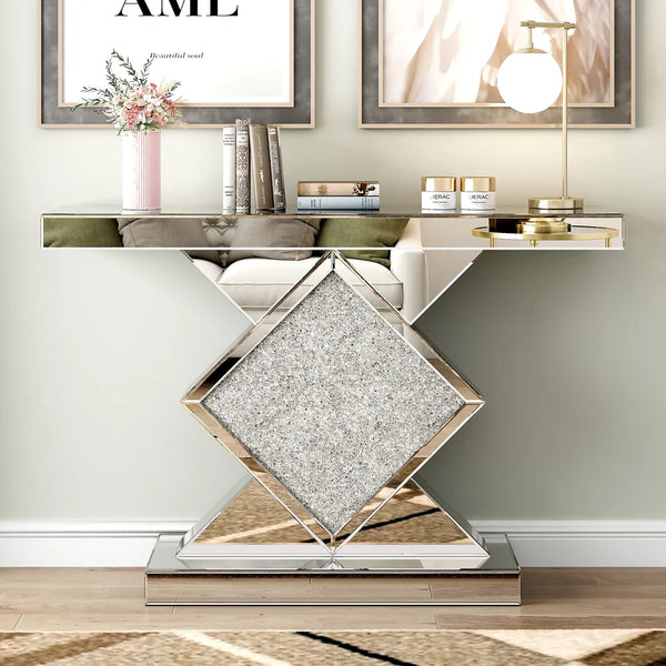 Bungalow Mercer Multi- Purpose Console Table - Elegant  Curved Design For Bedroom ,Living Room, and Bathroom With Diamond Mirror 47inch x 30Height x 14 Depth