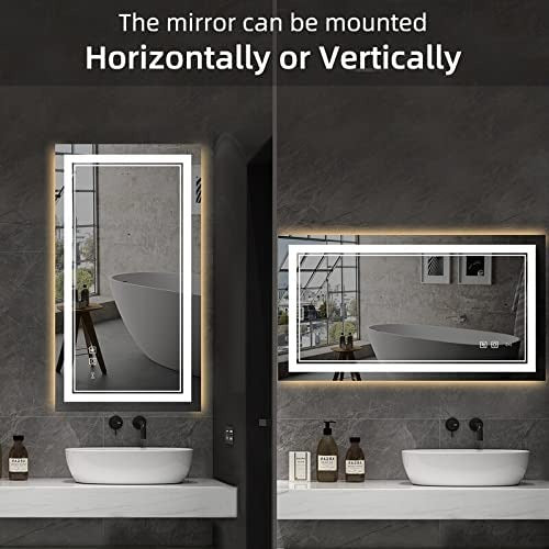 Modern and Contemporary LED Lighted Anti-Fog Bathroom Vanity Mirror with 3 Colors Dimmable Light, with Backlit Led, Decorative Mirror, Wash Basin Mirror (24 x 40 Inch)