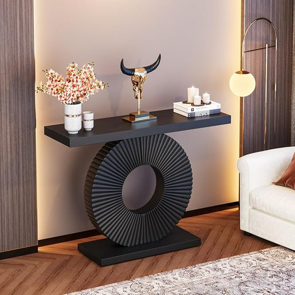 Glossline Luxury Black Console Table – Artistic Circle Pedestal Base with PU Paint Matt | Sleek Hallway & Entryway Furniture (31'' H X 39'' W X 11'' D)