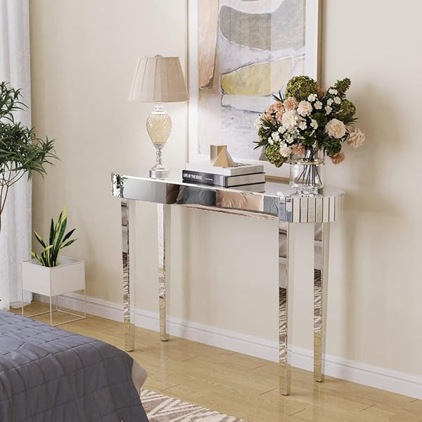 Velora Modern Mirrored Console Table – Glam Accent Table with Beveled Glass Finish for Living Room or Entryway 48Lx13Dx30H inch