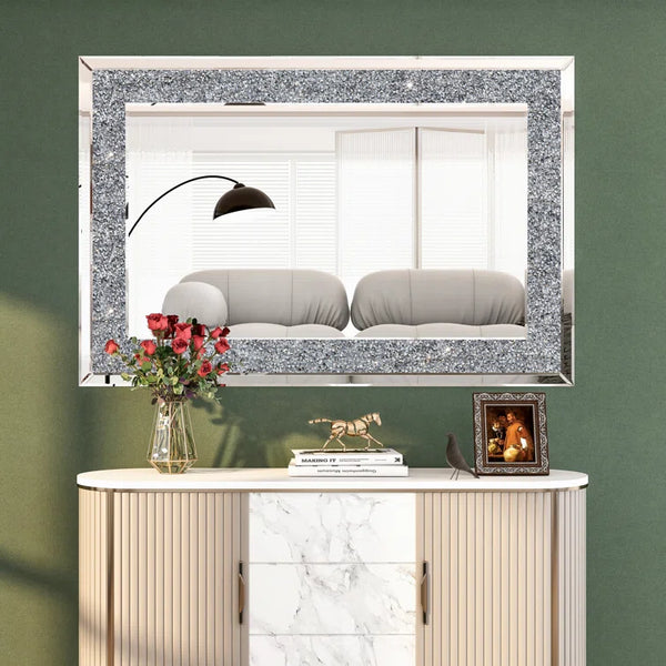 Flat Wall Mirror For Décor Rectangular Wall Mirror With Crystal modern Wall Decorative Mirror For Living Room ,Bedroom, Entryway