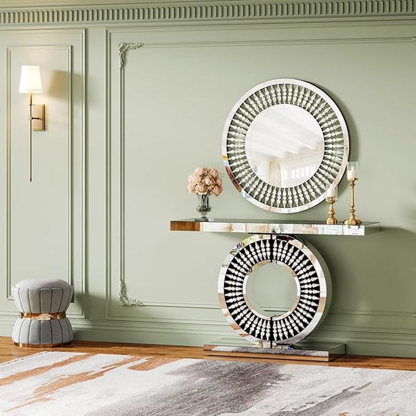 Radiance Collection Luxury Console Table with Matching Wall Mirror – Glam Circular Design with Crystal Accents (Silver)