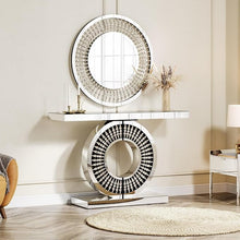Radiance Collection Luxury Console Table with Matching Wall Mirror – Glam Circular Design with Crystal Accents (Silver)