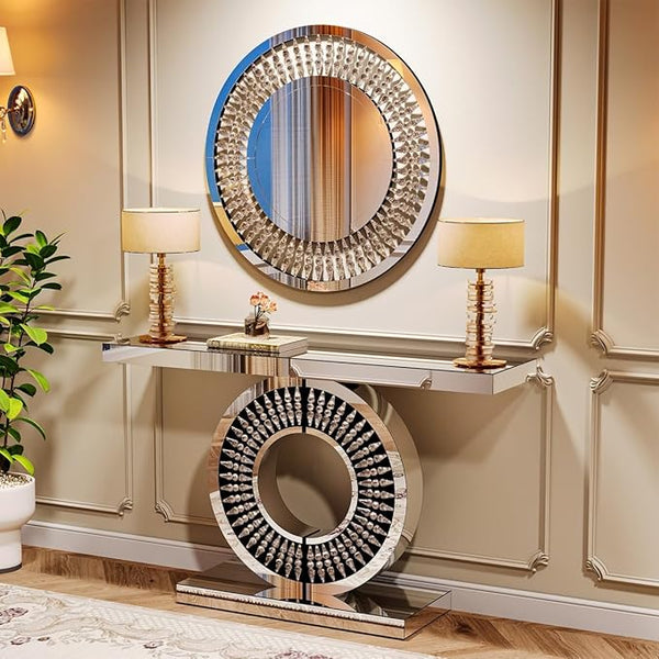 Radiance Collection Luxury Console Table with Matching Wall Mirror – Glam Circular Design with Crystal Accents (Silver)