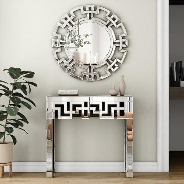 Oplaluxe Mirrored Console Table & Wall Mirror Set – Modern Geometric Design, Silver Finish