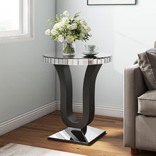 Luna Curve Modern Mirrored End Table – Luxury Side Table with PU Black U-Base and Beveled Glass Top for Living Room & Bedroom 27Hx24Dx15L inch