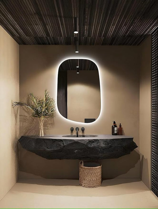 BUNGALOW MERCER Obsidian Edge Asymmetrical Backlit Led Mirror, Modern Floating Vanity Mirror with Touch Sensor & Warm Glow for Bathroom or Entryway (50 x76 cm)
