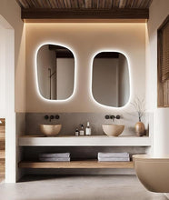BUNGALOW MERCER Obsidian Edge Asymmetrical Backlit Led Mirror, Modern Floating Vanity Mirror with Touch Sensor & Warm Glow for Bathroom or Entryway (50 x76 cm)