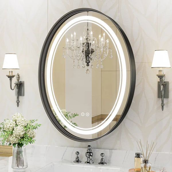 Bungalow Mercer Oval LED Lighted Bathroom Vanity Mirror Dimmable and Anti-Fog Wall Mirror With Alluminium Framed 3 color option