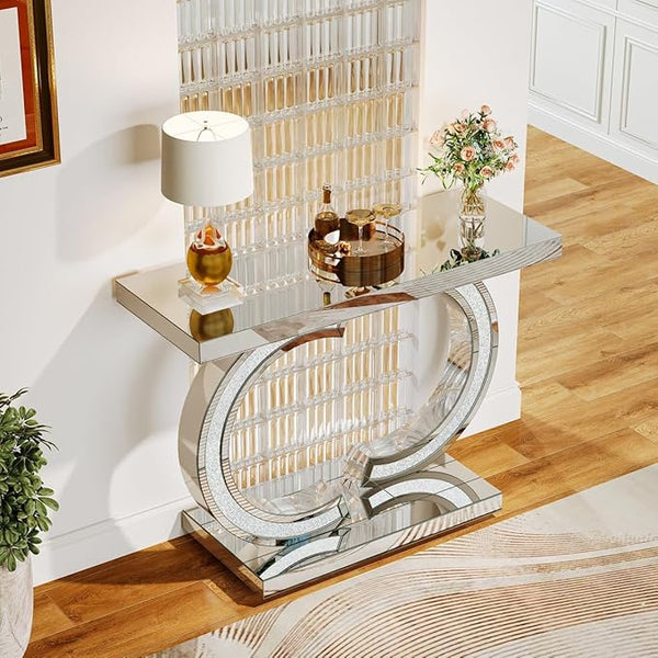 Celestia Designed C Silver Glass Console Table – Glam Mirrored Accent Table with Crushed Diamond Detailing | Luxury Entryway & Living Room Furniture (39inch Length x 30inch Height x 12inch Depth)