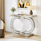 Celestia Designed C Silver Glass Console Table – Glam Mirrored Accent Table with Crushed Diamond Detailing | Luxury Entryway & Living Room Furniture (39inch Length x 30inch Height x 12inch Depth)