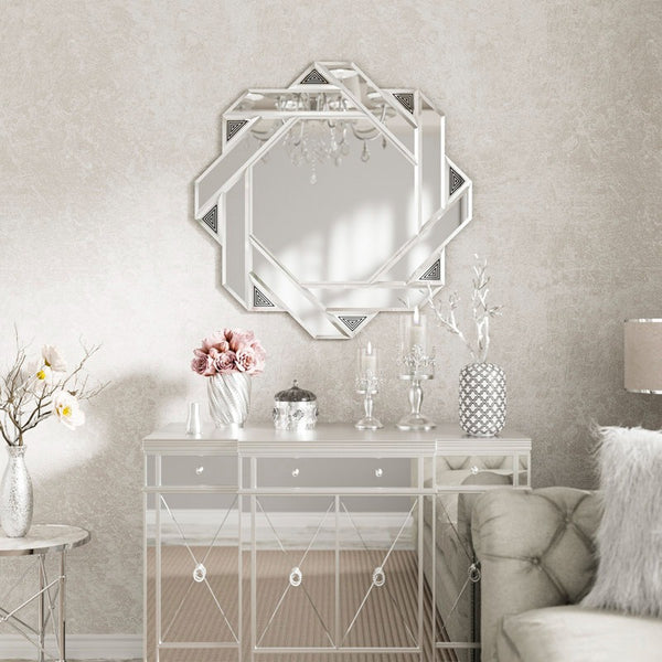 Gracie Oaks Sommerset Glass Octagonal Silver Beveled 3D Glass Classic Accent Mirror, Decorative Wall Mirror with Engineered Frame