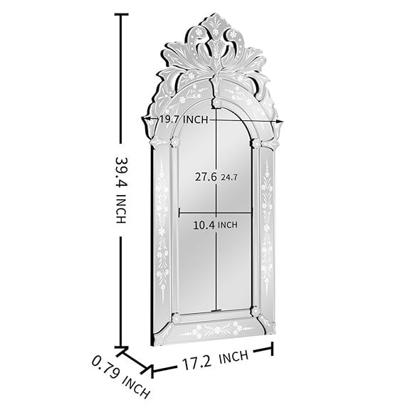 Bungalow Mercer – Venetian Rectangular Wall Mirror with Ornate Arched Top & Etched Floral Detailing – Classic Accent for Living Room, Bedroom & Entryway