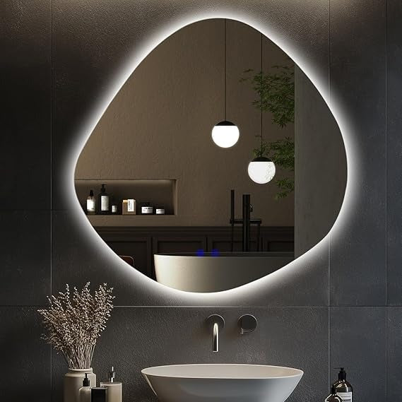BUNGALOW MERCER – Asymmetrical LED Mirror with Warm Backlit Glow | Modern Wall-Mounted Vanity Mirror with Touch Sensor for Bathroom & Bedroom