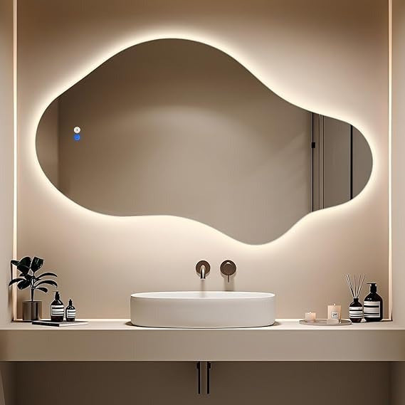 BUNGALOW MERCER – Flow LED Mirror | Artistic Asymmetrical Shape with 3-Color Dimmable Light, Defogger & Smart Memory | Aura Line Modern Bathroom Mirror