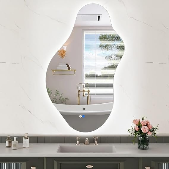 BUNGALOW MERCER – Flow LED Mirror | Artistic Asymmetrical Shape with 3-Color Dimmable Light, Defogger & Smart Memory | Aura Line Modern Bathroom Mirror