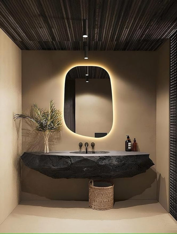 BUNGALOW MERCER Obsidian Edge LED Mirror – Asymmetrical Floating Vanity Mirror with Touch Sensor & Warm Glow for Bathroom or Entryway