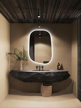 BUNGALOW MERCER Obsidian Edge LED Mirror – Asymmetrical Floating Vanity Mirror with Touch Sensor & Warm Glow for Bathroom or Entryway