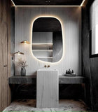 BUNGALOW MERCER Obsidian Edge LED Mirror – Asymmetrical Floating Vanity Mirror with Touch Sensor & Warm Glow for Bathroom or Entryway