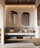 BUNGALOW MERCER Obsidian Edge LED Mirror – Asymmetrical Floating Vanity Mirror with Touch Sensor & Warm Glow for Bathroom or Entryway