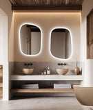 BUNGALOW MERCER Obsidian Edge LED Mirror – Asymmetrical Floating Vanity Mirror with Touch Sensor & Warm Glow for Bathroom or Entryway