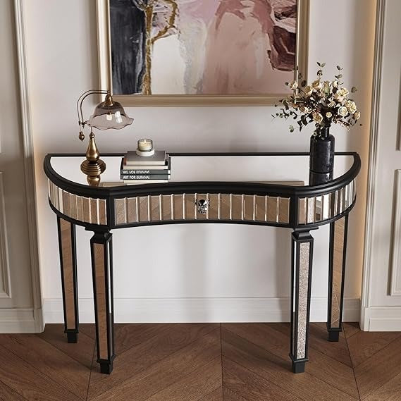 Bungalow Mercer – Black Painted Console Table with Silver Mirrored Accents for Entryway & Living Room