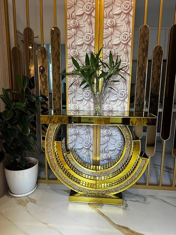 Savoy Golden Glam Console Table – Mirrored Finish with Shimmer Detailing & U-Shaped Modern Design