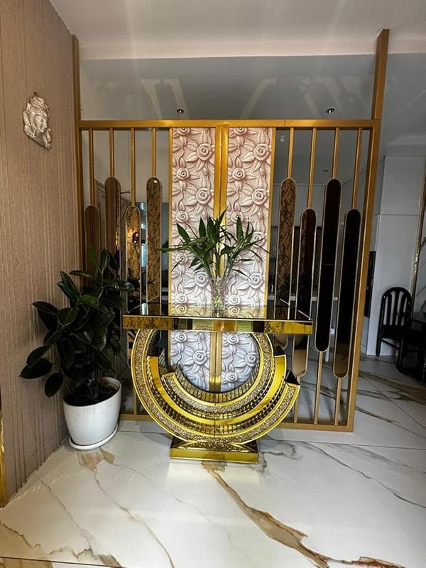 Savoy Golden Glam Console Table – Mirrored Finish with Shimmer Detailing & U-Shaped Modern Design