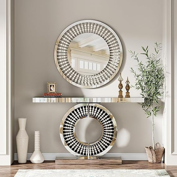 Avante Luxury Console Table & Wall Mirror Set – Glam Circular Design with Crystal Accents