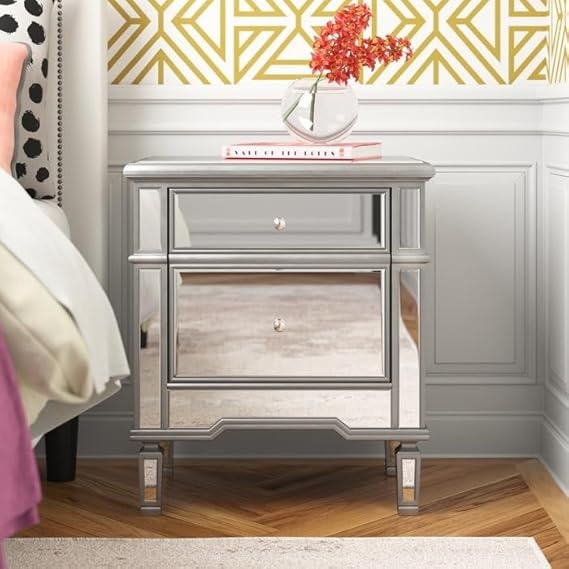 BUNGALOW MERCER Mirrored Nightstand – 2-Drawer Silver Bedside Table with Crystal Knobs for Bedroom & Living Room