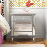 BUNGALOW MERCER Mirrored Nightstand – 2-Drawer Silver Bedside Table with Crystal Knobs for Bedroom & Living Room