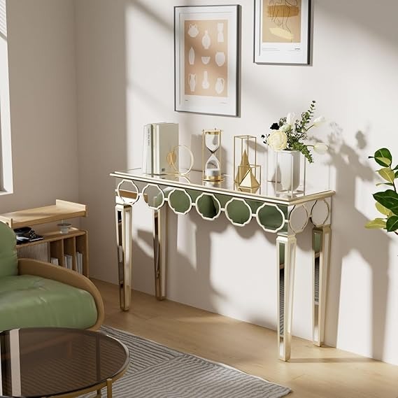 BUNGALOW MERCER – Elegant Silver Mirrored Console Table for Hallway, Living Room & Entryway with Contemporary Design Accents