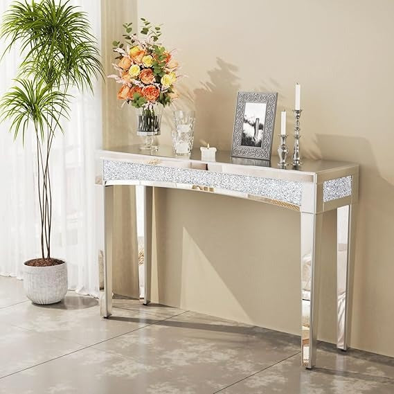 Bungalow Mercer – Mirrored Console Table with Crushed Diamond Detailing – Modern Glam Accent for Hallway & Entryway