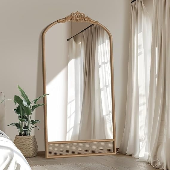 Bungalow Mercer – Luxe Arched Cane-Base Mirror with Decorative Crown – Full-Length Accent for Bedroom & Entryway
