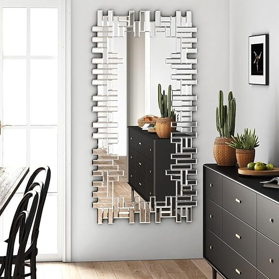 Bungalow Mercer – Modern Wall Mirror with Designer Geometric Silver Frame – Luxury Accent for Living Room & Entryway