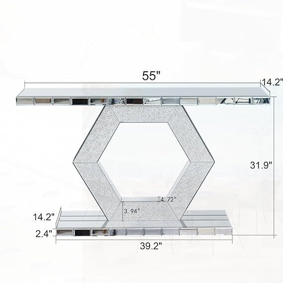 Belmont Console Hexagon Glam Console Table | Luxury Mirrored Finish with Crystal Inlay for Entryway, Living Room & Hallway