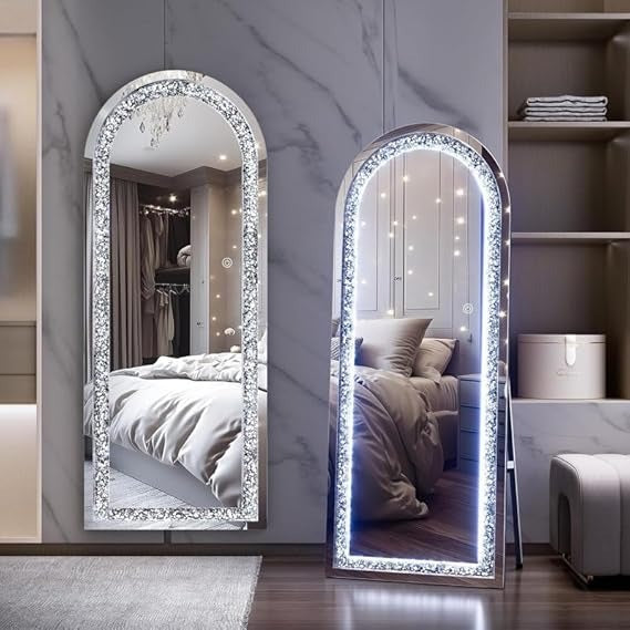 Bungalow Mercer – Crystal Frame Full Length LED Mirror with Touch Control, 3 Lighting Modes & Adjustable Stand for Bedroom, Dressing & Makeup Studios
