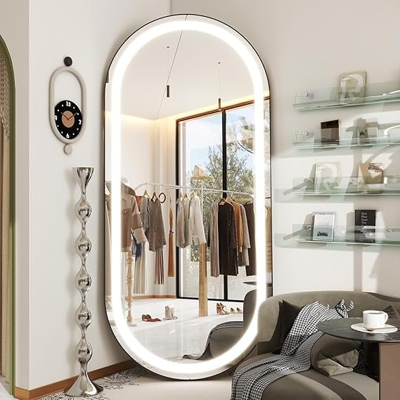 Bungalow Mercer – Full-Length Oval LED Mirror with 3 Light Temperatures, Dimmable Touch Sensor & Minimalist Black Aluminum Frame – Standing & Wall Mounted Design