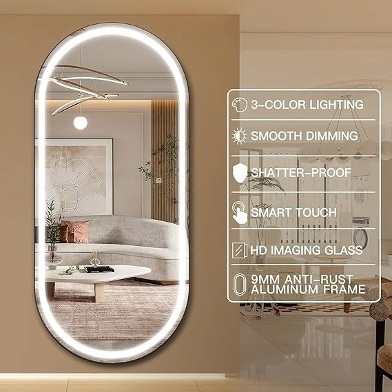 Bungalow Mercer – Full-Length Oval LED Mirror with 3 Light Temperatures, Dimmable Touch Sensor & Minimalist Black Aluminum Frame – Standing & Wall Mounted Design