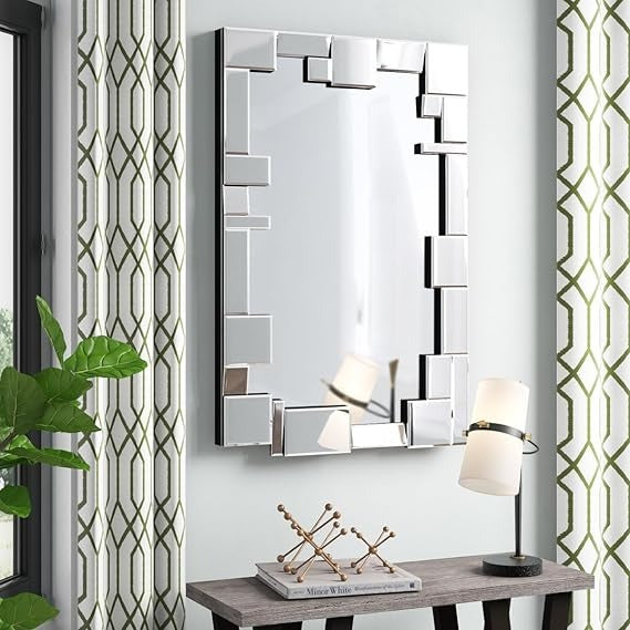 Bungalow Mercer – Luxe Geometric Beveled Silver Wall Mirror – Modern Rectangular Accent for Living Room, Bedroom & Entryway Décor